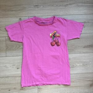 Pink cherry graphic tee with cherry and dice graphic logos on front and back